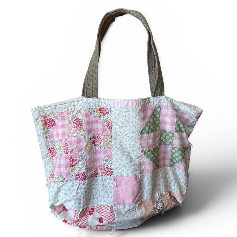 Handmade Tote Bag Oversized Upcycled Vintage Quilt Two-Sided With Canvas Lining